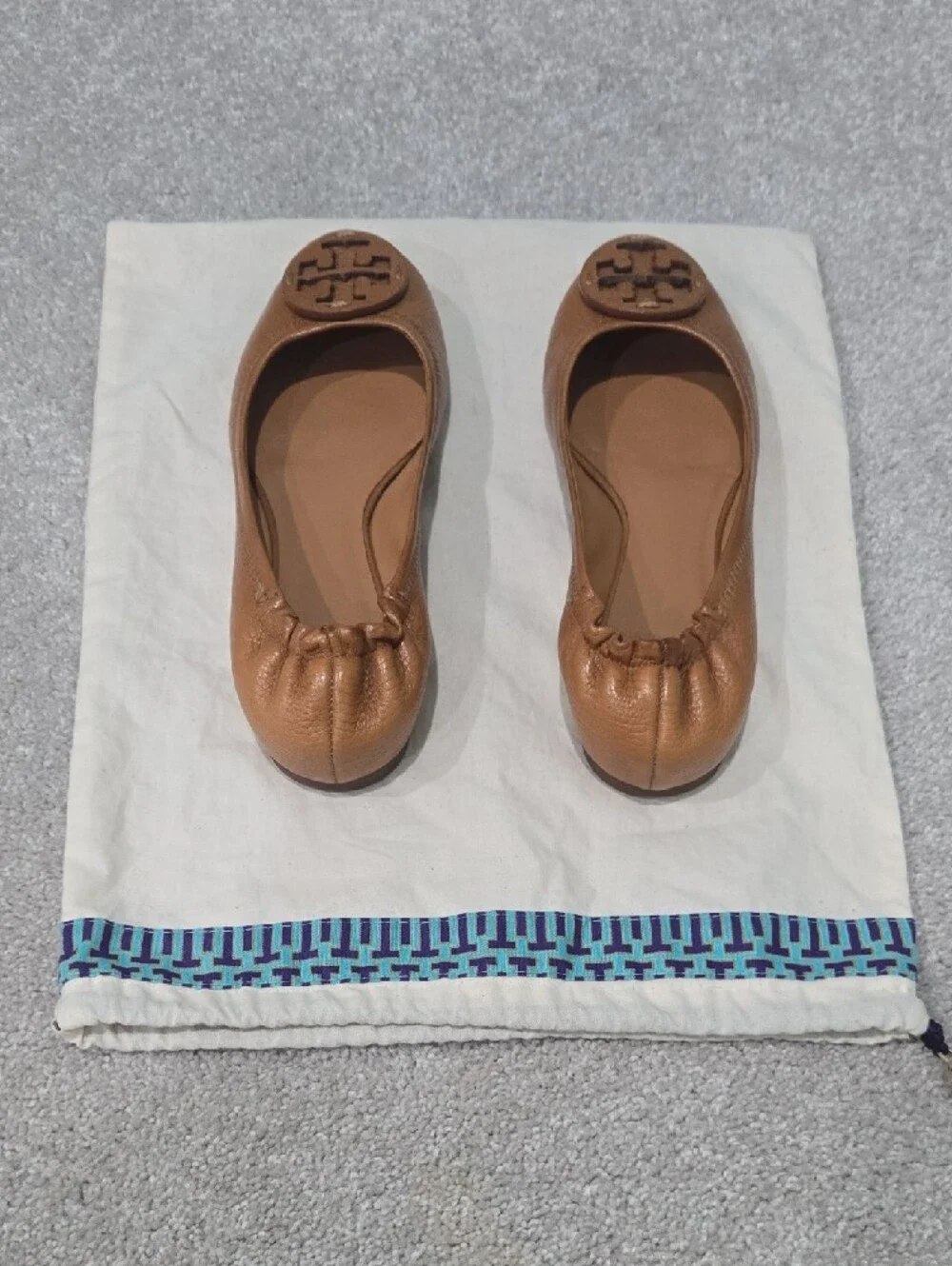 Tory Burch Cognac Leather Logo Ballet Flats